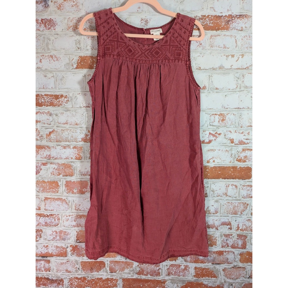 Artisan NY Linen Dress Womens Medium Red Embroidered Sleeveless Shift Boho